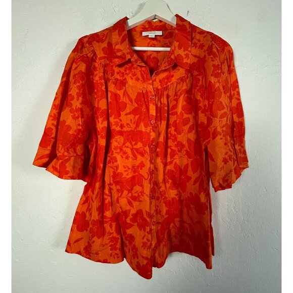 Charter Club Luxury Womens Orange Floral Linen-Blend Button-Front Blouse XL NWOT - Picture 1 of 9